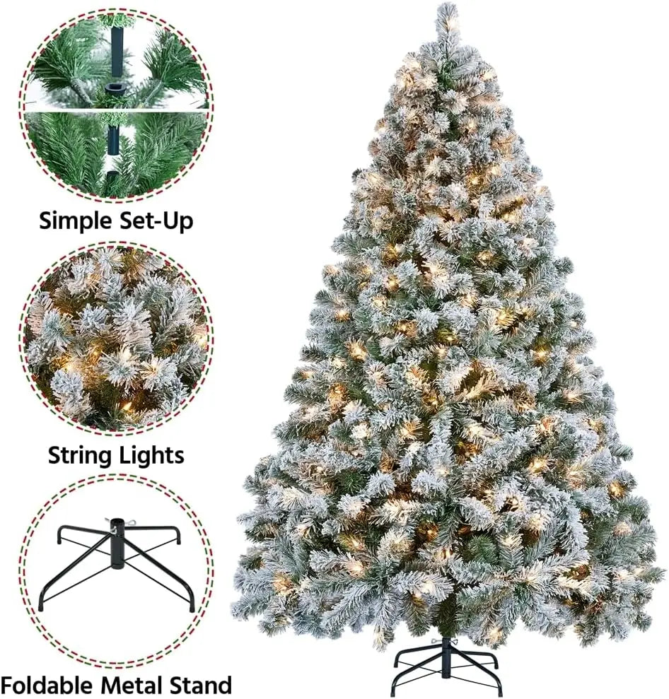 6ft- 9ft Prelit Christmas Tree with Warm White Lights Snow Flocked 820 Branch Tips 250 Lights