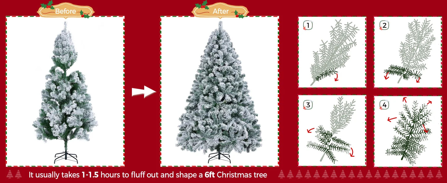 6ft- 9ft Prelit Christmas Tree with Warm White Lights Snow Flocked 820 Branch Tips 250 Lights