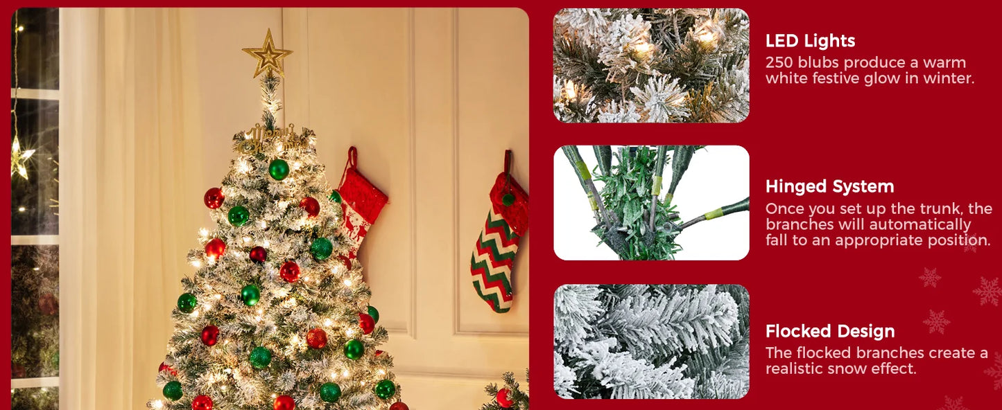 6ft- 9ft Prelit Christmas Tree with Warm White Lights Snow Flocked 820 Branch Tips 250 Lights