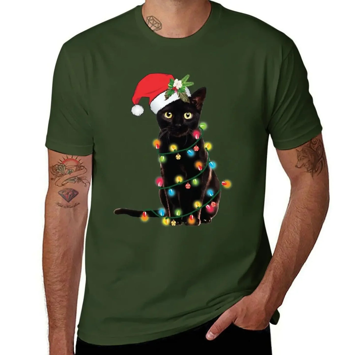 2024 Short Sleeves T Shirt Santa Christmas Tree Lights