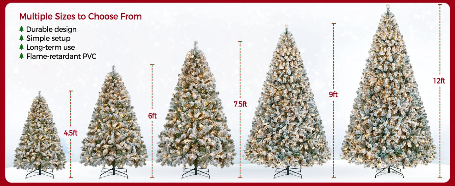 6ft- 9ft Prelit Christmas Tree with Warm White Lights Snow Flocked 820 Branch Tips 250 Lights