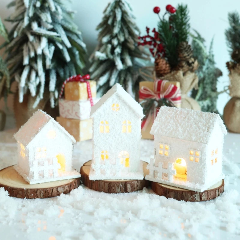 Christmas LED Light House Luminous Wooden Cabin Ornament Snow Scene Village